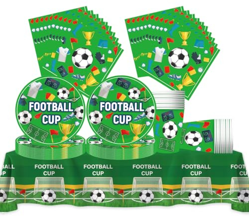 Fuwraixis Vajilla para fiesta de Fútbol, 61 piezas Tema deportivo Vajilla de cumpleaños, Copa del Mundo Juego de platos de papel para fiesta, Incluye vasos, servilleta y mantele, Para 20 persona