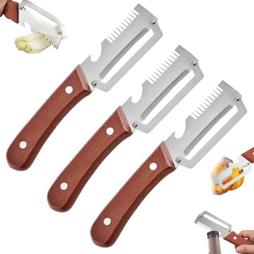 KASESSS 3 st potatis- och grönsaksskalare, 3-i-1 multifunktionsskalare, potatisskalare i rostfritt stål, grönsaksskalare trähandtag med flasköppnare hugga gräslök julienne ergonomisk