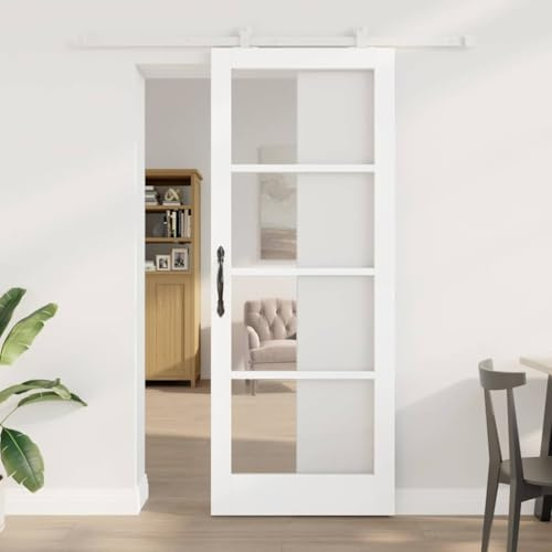 Schiebetür ORKDAL 83 x 211 cm, Weiß, Massivholz Kiefer und Glas, Raumteiler Tür inklusive Schienensystem, modernes Design für Wohnzimmer und Schlafzimmer