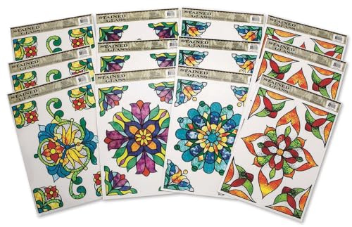S&S Worldwide Repositionable and Reuseable Stained Glass Window Clings- Add Beauty to any Window or Room with 11-3/4 x 7-7/8” Adhesive-Free, Static Cling Decorations, 4 Colorful Designs. Pack of 12.