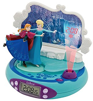 Lexibook Disney Frozen La Reine des Neiges Elsa réveil projecteur, Veilleuse intégrée, Projection de l'heure au Plafond, Effets sonores, à Piles, Bleu/Blanc RP500FZ