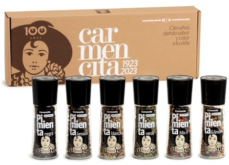 CARMENCITA Pack 6 Molinillos de Pimienta – Pimienta Negra, Pimienta de Jamaica, Pimienta Blanca, Pimienta Negra-Limón, Pimienta Verde, Mix 4 Pimientas- Sin Gluten