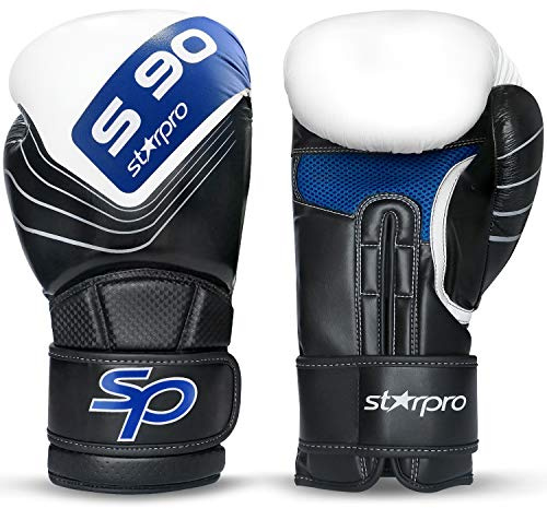 Starpro S90 Guantes de Boxeo de Cuero PU para Entrenamiento Profesional y Sparring en Muay Thai Kickboxing Fitness - Hombres y Mujeres - Negro y Azul - 8 oz 10 oz 12 oz 14 oz 16 oz