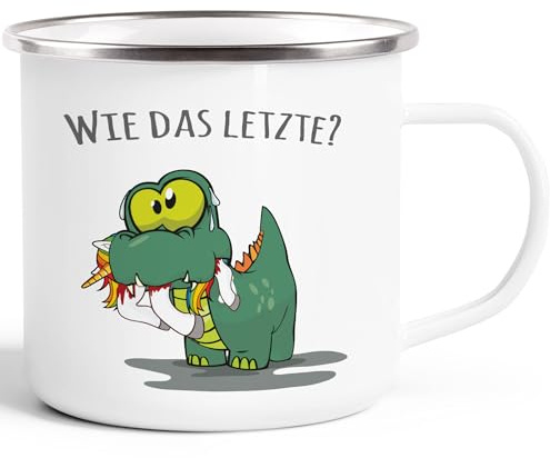 MoonWorks® Emaille-Tasse Fun Motiv lustiger Dino frisst Einhorn Spruch Wie das Letzte? Emaille-Becher Weiss-metall Emailletasse