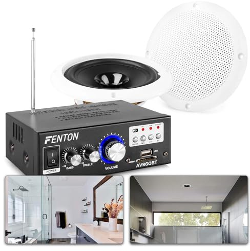 Skytronic BS06 Verstärker mit Deckenlautsprecher – Wasserdichte Deckenlautsprecher Bluetooth & Fernbedienung, 6,5 Einbaulautsprecher Decke für Badezimmer, Sauna, Wand & Feuchträume – 90W Sound-System