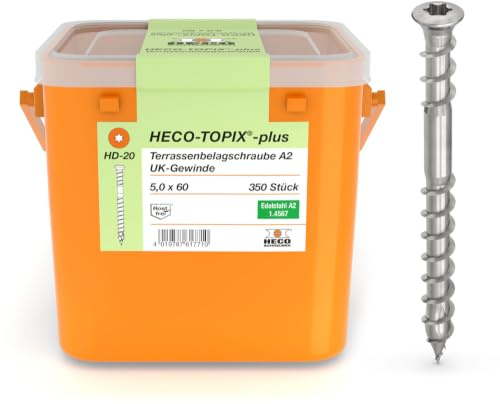 HECO-TOPIX-plus 5 x 60, Terrassenbelagschraube, Linsensenkkopf, HECO-Drive, HD-20, Unterkopfgewinde, Edelstahl A2, 350 Stück