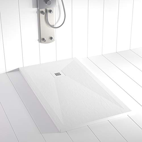 Shower Online Piatto doccia in resina PLES - 90x100 - Texture in ardesia - Antiscivolo - Tutte le misure disponibili - Include griglia in acciaio inox e piletta - Bianco RAL 9003