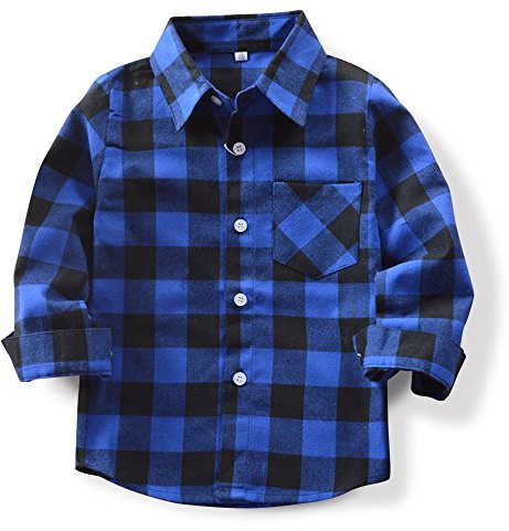 OCHENTA Boys' Girls' Flannel Shirt Long Sleeve Button Down Chirstmas Plaid Tops E001 Red Black Tag