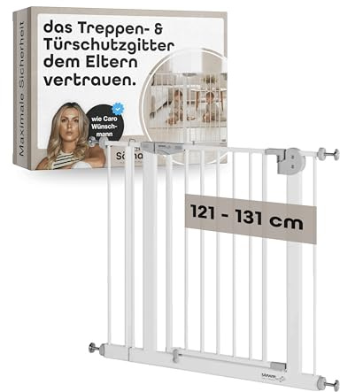Sämann Türschutzgitter & Treppenschutzgitter I 121-131 cm I Extra Höhe von 77 cm I 3-Fach Sicherung mit Auto-Close Funktion I Kein Bohren notwendig I Kindergitter für Baby, Kinder & Haustiere