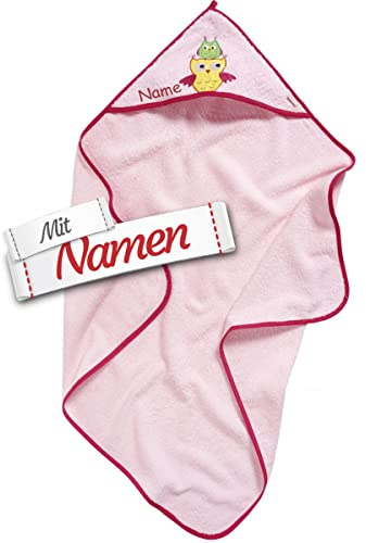 LALALO Mädchen Eule Kapuzenhandtuch mit Namen Bestickt für Baby & Kinder, Frottee Badetuch Badehandtuch/Kinder-Badetuch mit Kapuze personalisiert