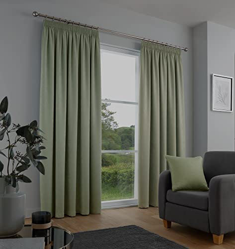 Fusion - Sage Green Curtains W90 x L72 (229 x 183cm) - 100% Cotton - 2x Panels - Pencil Pleat Curtains in Green - Thermal & Soundproof Curtains for Bedroom - Light Green Pleated Curtains & Drapes