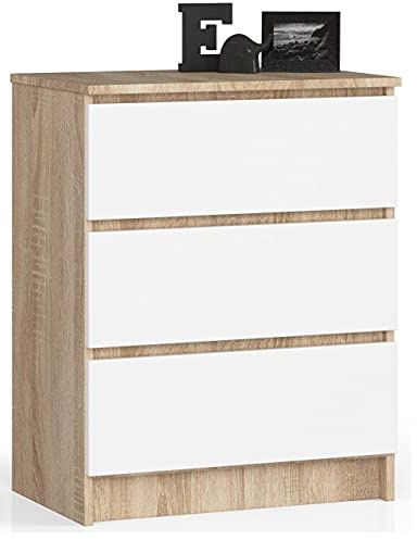 AKORD Kommode K60 mit 3 Schubladen | für das Wohnzimmer Schlafzimmer Schrank Büro Arbeitszimmer | Modernes Funktionales Design | B60 x H77 x T40 cm, Gewicht 25 kgSonoma Eiche/Weiß