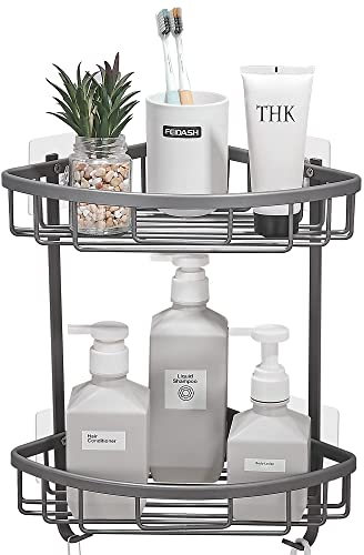 GRICOL Estante para Esquinas de Ducha Sin Taladrar Metal Estanteria para Ducha Antioxidante con Pegatinas Estantería Baño con Ganchos para Baño 2 Niveles (Gris)