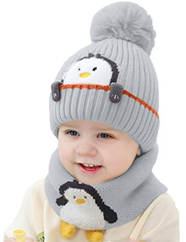 Rayson Gorros para Niño Niña Bebé Otoño Invierno Linda Pequeño pingüino Niños Gorro de Punto Acolchado y Bufanda Traje de 2 piezas(Gris)