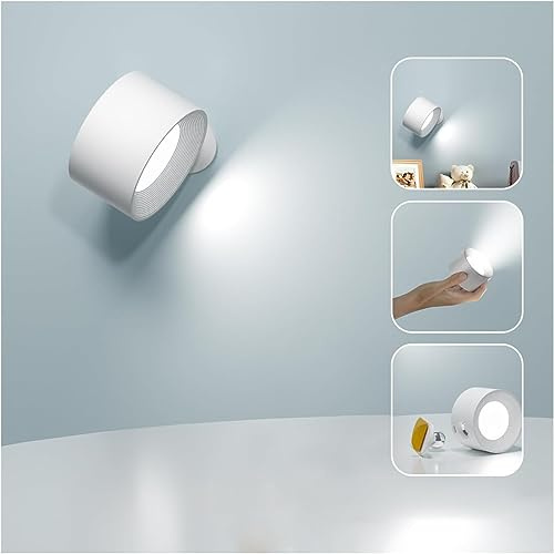 Deyagoo LED Wall Sconce, Wall Mounted Lamp with Rechargeable Battery Operated 3 Color Temperature & 3 Brightness Level 360°Rotate Magnetic Ball, Cordless Wall Light for Reading Bedside-White