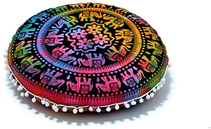Runder Mandala-Bodenkissenbezug, Sitzkissenbezug, Hippie, dekorativ, Bohemian, Ottoman, Pouf-Bezug, Pom Pom Kissenbezug, Boho, indisch, 55,9 cm (22 Zoll) (Multi Up Hathi)