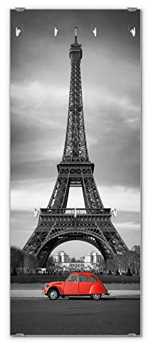 banjado® Wandgarderobe aus Echtglas/Design Garderobe 50 x 125 cm groß/Flurgarderobe mit 7 Haken/Beschreibbares Garderobenpaneel Motiv Paris