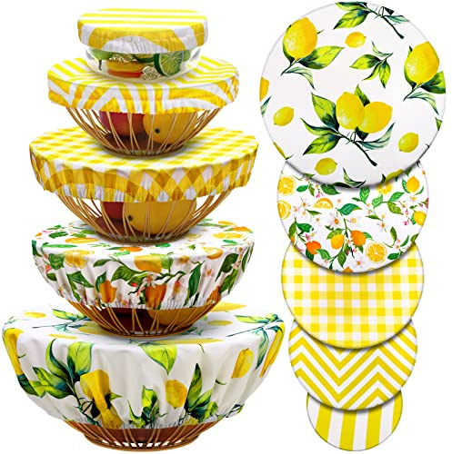 10 Pcs Reusable Fabric Bowl Covers Elastic Food Storage Container Cover Stretched Washable Bowl Dish Lid Covers for Leftovers Family Outdoor Picnic Microwave Dishes Rising Bread Proofing (Lemon)