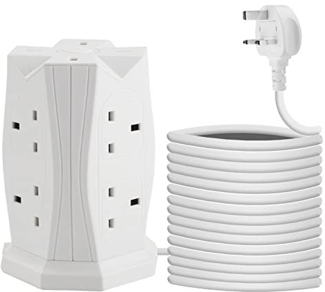 Tower Extension Lead with USB Slots, 12 Way Multi Socket Plug with 5M Tower Extension Cord, Surge Protector Extension Lead with Switch,Power Strip Tower for Home, Office, Kitchen,White