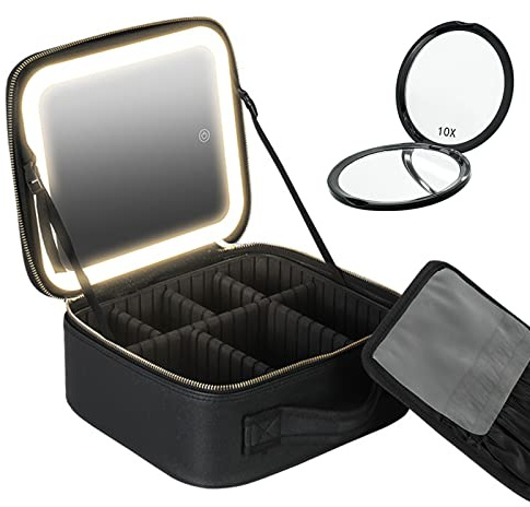 Make-up Tasche mit Spiegel,Reise Kosmetiktasche mit 3 Farben LED Licht und 1/10x Spiegel,Schminktasche mit Aufbewahrung von Make-up-Pinseln,Make up Organizer Tasche mit Verstellbaren Trennwänden