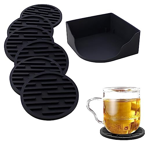 WUBAYI Sottobicchieri, 6 sottobicchieri in silicone, con supporto, sottobicchiere drenabile addensato, adatto per bevande fredde, bevande calde, casa, bar, antiaderente, facile da pulire (nero)