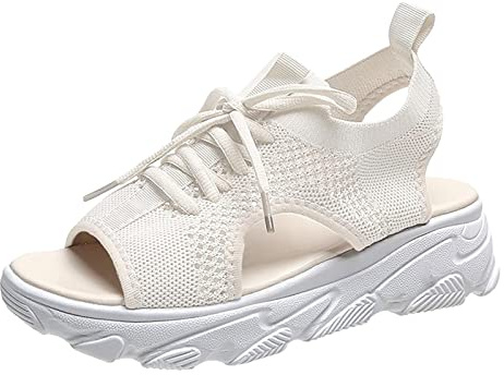 Générique Sandales de Sport et D'Extérieur Femme Maille été Chaussures Sport Respirantes Sandales de Marche à Lacets Confortable Sandale Baskets Légères Sandales Plates Bout Ouvert pour Femmes