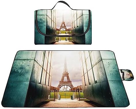 TengYuer Picknickdecke 180x200cm Stranddecke Wasserdicht Sandfrei Isoliert Faltbar Strandmatte mit Tragegriff Outdoor Campingdecke XXL für Camping Parks Strände Picknick Blauer Eiffelturm