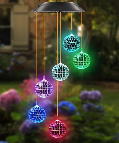 Kwaiffeo Solar Wind Chimes for Garden, Solar Wind Chimes Outdoor Waterproof 7 Color Changing with 6 Disco Ball, Birthday Gifts for Women Mom Grandma, Unique Gardening Gifts