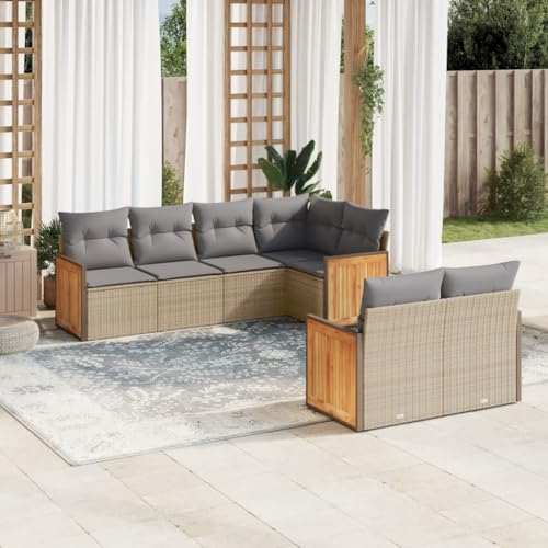 Rantry 7-TLG. Garten Sofagarnitur mit Kissen Gartensofa mit Stauraum Gartenlounge Loungesofa Gartenmöbel Rattansofa Ecksofa Balkonmöbel Loungemöbel Sitzgruppe Gartenset Beige Poly Rattan
