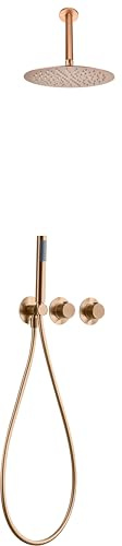 IMEX - Ducha Empotrada Techo Termostática Oro Rosa | Conjunto de Grifería Empotrado con Alcachofa y Rociador Antical Efecto Lluvia | Ducha Empotrada con Grifo en Latón y Acero Inox S.304 | Serie Breda