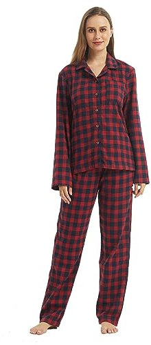 YUSHOW Pyjama long pour femme - Deux pièces - Coton - Hiver - Flanelle - Haut long - Pantalon de pyjama à carreaux - Coton - Combinaison d'intérieur douillette - Ensemble de salon de Noël