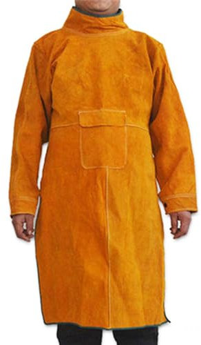 Lederschweißschürze mit Werkzeugtasche, verstellbare Schweißschutzausrüstung, flammhemmender langer Mantel für die Holzbearbeitung(Rollkragen)