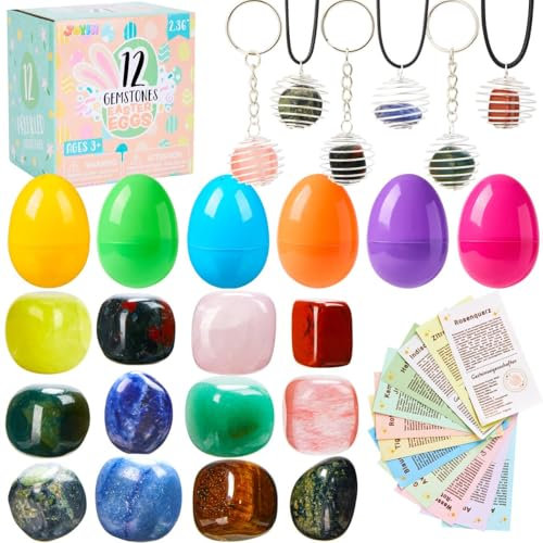JOYIN 12 Stück vorgefüllte Ostereier mit Edelsteinen für Jungen, Ostergeschenk, Kristall- und Steineier, Ostereiersuche für Kinder, Füllmaterial für Osterkörbchen, Dekoration für Osterpartygeschenke