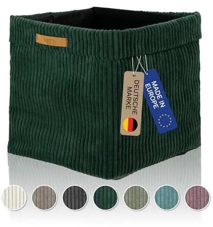 Lycce Kallax Boîte en velours côtelé tendance | Panier de rangement pour étagère Kallax | Boîte pliante 33 x 33 x 31 cm avec housse amovible | Fond avec revêtement non tissé | Cube de rangement | Vert