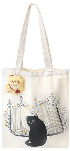 HENGBIRD Borsa Tote Bag Tela -Borsa Shopper Donna- Borsa Tessuto- Borsa Tela Donna- Shopper in Tela - Borse in Cotone - Borsa Canvas Borsa Tote Gatto con Ciondolo Orso 40 * 30cm