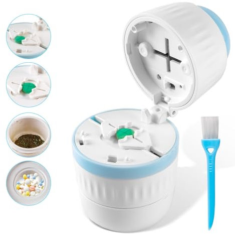 Pill Cutter, Portable Pill Grinder Splitter (1/4 or 1/2) Organizer with Stainless Steel Blade for Cutting Small Tiny Large Pills Vitamins Tablets, Blue