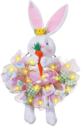 Osterkranz Haustür mit Licht Osterkranz Osterkranz Osternetzkranz Hasen Frühling bunte Osterschmuck Feiertage Dekoration Zuhause Innenraum Outdoor Zubehör (Rosa Kaninchen)