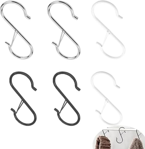 NBIWTOWO 6 PCS Stainless Steel Heavy Duty S Shaped Hook for Hanging with Anti-Drop System for Plants, Pots, Towels and Bags, Metal Large for Kitchen Bedroom Closet Storage Office(Black+Nickel+ White)