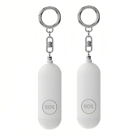 Lancoon 2 Pack Persönlicher Alarm mit LED-Notleuchte Schlüsselanhänger 130dB Laut Wiederaufladbar Tragbar Hinweis auf Schwache Batterie Ton-Sicherheitsalarm für Frauen Männer Kinder Ältere Weiß
