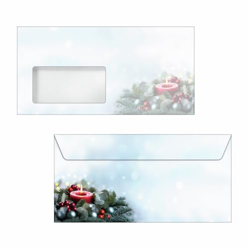 SIGEL Weihnachts Umschläge Candelight Cheer DIN lang 50 Stück | DU640, Grün-rotes Design mit sicherem Verschluss