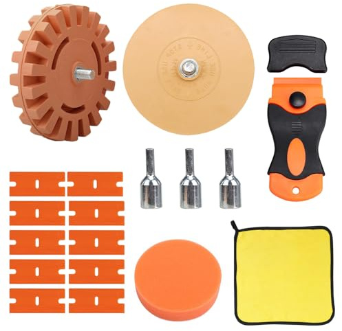 Folienradierer, Aufkleber Radiergummi Set, Gummi Radierscheibe mit Adapter, Radierscheibe, Radierer Aufkleber Entferner,Schaber Kunststoff mit 10 Kunststoffklinge,für Entfernen Kleberesten am Fahrzeug
