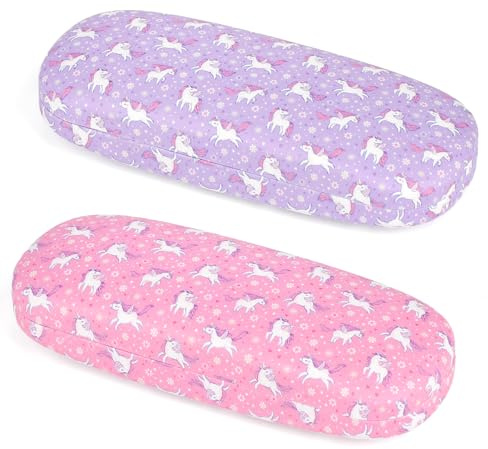 Beipegin enhörningsglasögonfodral 2-pack, solglasögonfodral för flicka, skyddande glasögonfodral med glasögonduk, Rosa och lila, en storlek