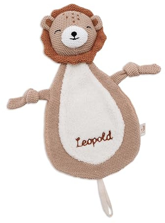 wunderwunsch JOLLEIN Schmusetuch optional personalisiert - Schnullertuch Baby Motiv Bär, Giraffe, Löwe oder Fuchs als Kuscheltuch für Babys (Löwe, mit Name)