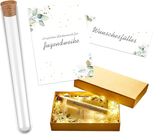 Geschenkbox Geldgeschenk Jugendweihe, Wunscherfüller Jugendweihegeschenk Set, geldgeschenk Verpackung, Jugendweih Geldgeschen, Jugendweiheskarte Reagenzglas Raffia Gras Geschenkbox (Jugendweihe)