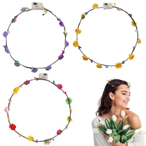 WUSJCOF 3 PC LED Blumen Kranz Stirnband, Kronen Blumengirlande, Boho Floral Head Crown für Hochzeit, Festival und Party, Kopfschmuck mit Dekor