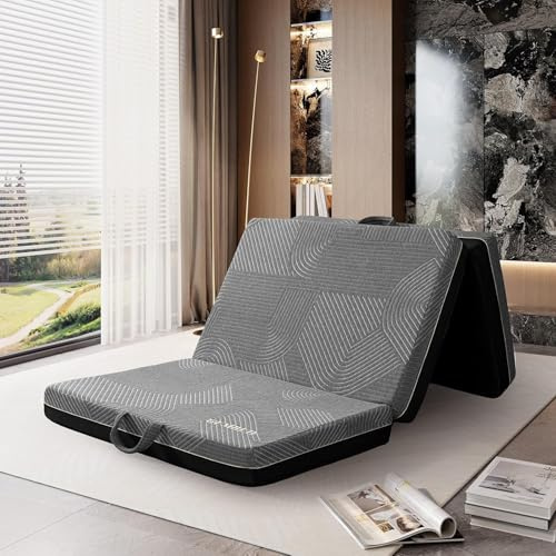 GEMBED Tri Folding Mattress Twin Size - 4 Inch Foldable Floor Sofa Bed | Memory Foam Tri-fold Handle & Non-Slip Bottom, Portable Foldable Sofa Bed Floor for Travel RV Camping Yoga - 75x38x4