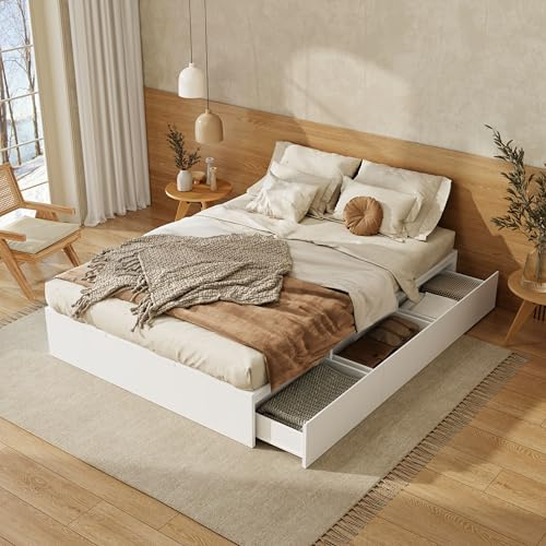 Moimhear Stauraumbett 140 x 200 cm,Palettenbett, Doppelbett, Funktionsbett, Massivholzbett, mit Stauraumbox unter dem Bett, mit Schubladen, mit Stauraum, ohne Matratze, weiß