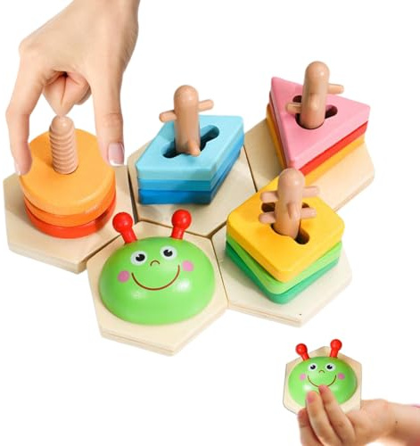 ccuzs Wooden Stacking Toys, Shape Sorting Puzzle, Montessory Learning Blocks, Fine Motor Skill Development, Smooth Wood Finish, for Preschool Activities Home Play Travel Car Trip Daycare, 18cm Wood