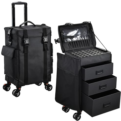 Stagiant Rolling Makeup Case 4 in 1 Soft Sided Professional Cosmetology Case on Wheels Freelance Makeup Artist Nylon Cosmetic Organize Storage Nail Technician Hair Stylist 3 Drawers Black