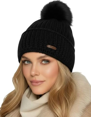 Baesics Bommelmütze Damen Herren - Wintermütze Kunstfell Bommel warm | Mit flauschigem Pompon und weichem Fleecefutter, Größe ca. 54-58 cm, Strick aus der EU. Warm für Herbst, Winter und als